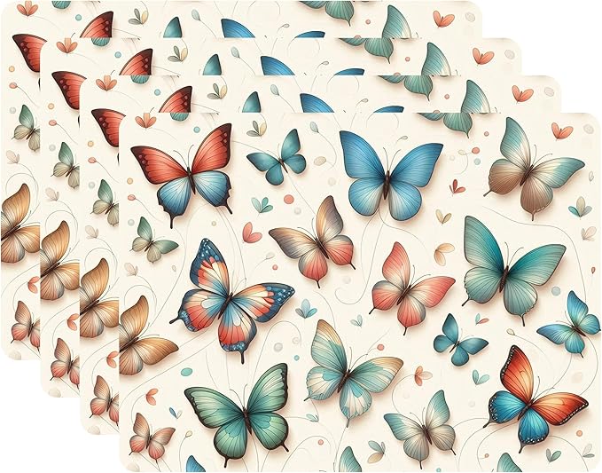 Set of 4 Cork Backed Placemat, Kitchen and Dining Table Decoration Design Hard Placemat 12" x 16" (Butterfly ~ Colorful)