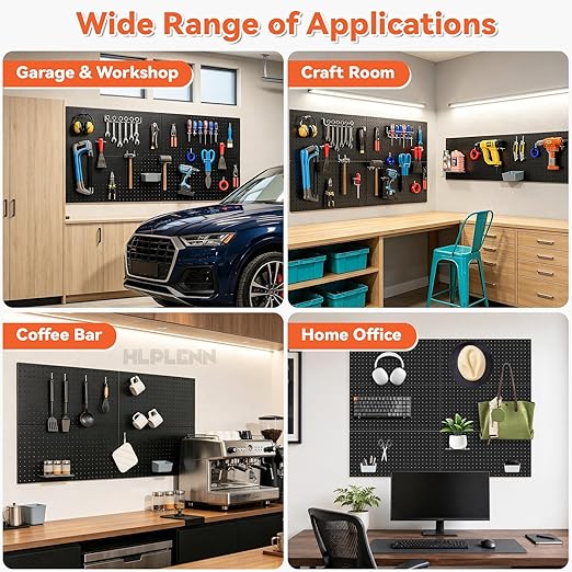 Metal Peg Board 6Pcs, 48"x36" Pegboard Wall Organizer with 140Pcs 1/4" Pegboard Hooks & Accessories, Steel Pegboard Tool Storage System for Garage Workshop Shed, Black