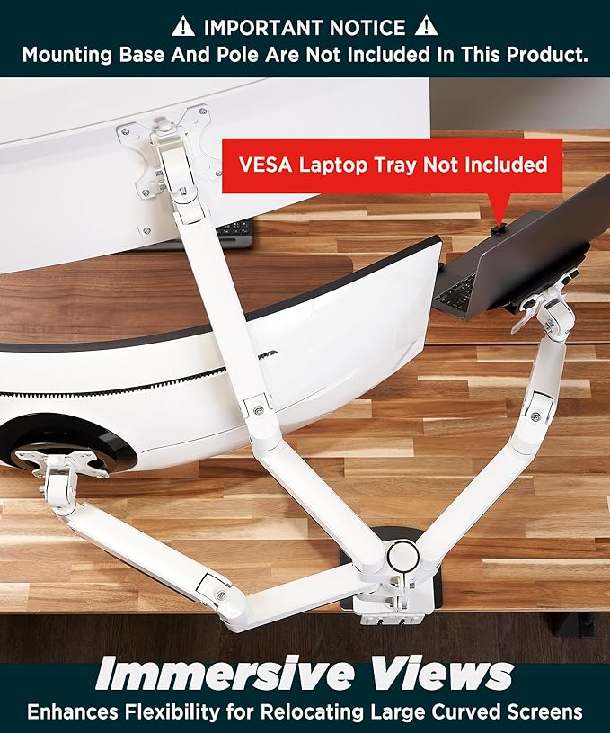 ULTRARM Heavy Duty Extension Arm [Accessory Only - Requires MA20PW-S Single Monitor Arm for Use] Dual 49" Vertical Stacked Monitor Mount Height Adjustable - 100x100 VESA Mount, White, MA20PW-A