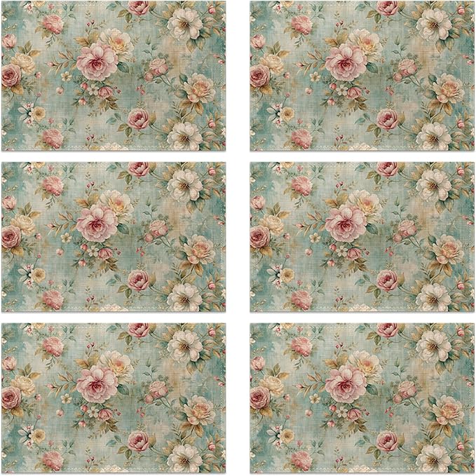 Linen Placemats Set of 6, Pink Flowers Leaves Washable Table Mats 12x18 Inch, Heat Resistant Non Slip Placemats for Dining Table Kitchen Everyday Use