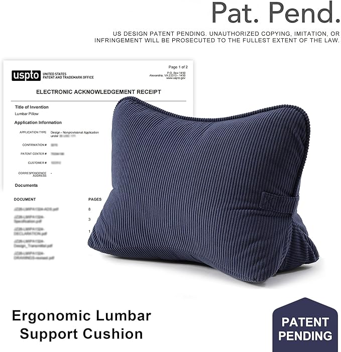 Pat. Pend. Corduroy Wedge Pillow with Lumbar Support, Triangle Cushion for Sofa, Couch, Bed or Recliner, Reading Pillow for Sitting & Relaxing, Navy Blue