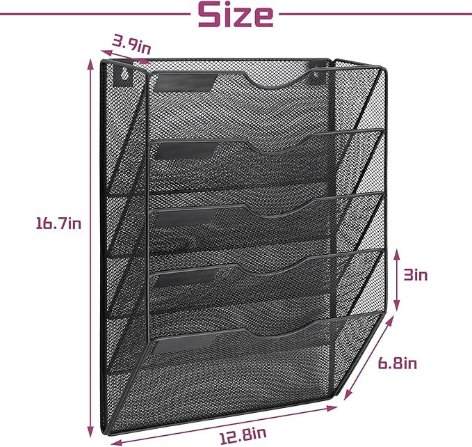 5 Pockets Mesh Wall File Holder Organizer Office Hanging File Folder Magazine Rack, Nametag Label Hooks Set Included (Black)