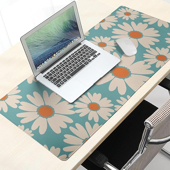 Blue Daisy Floral Mouse Pad XXL Large Gaming Mouse Pad 35.4"X15.7" Cute Daisy Flowers Desk Mat for Desktop Waterproof Non-Slip Rubber Base with Stitched Edges Full Desk Mousepad for Home & Office