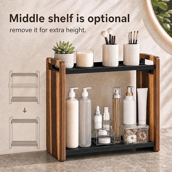 Narrow Solid Wood Bathroom Counter Organizer, Space-Saving Bathroom Storage Rack for Vanity, Multi-Purpose Kitchen Spice Rack & Bedroom Makeup Organizer (Black, 3 Tier)