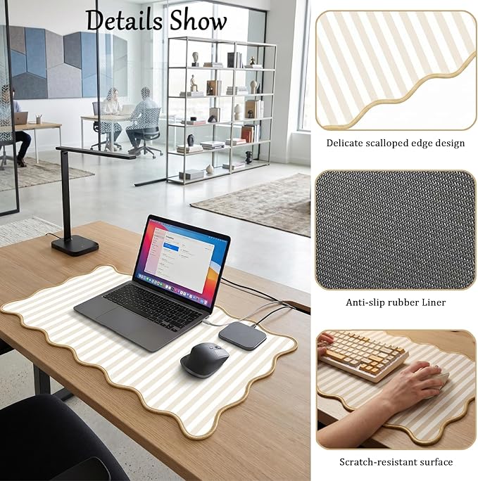 Scalloped Desk Mat Extended Large Cute Striped Mouse Pad Big Desk Pad XXL Aesthetic Stripe Mousepad Gaming Mouse Pad for Keyboard Computer Laptop Home Office Accessories 31.5X15.7Inches Beige