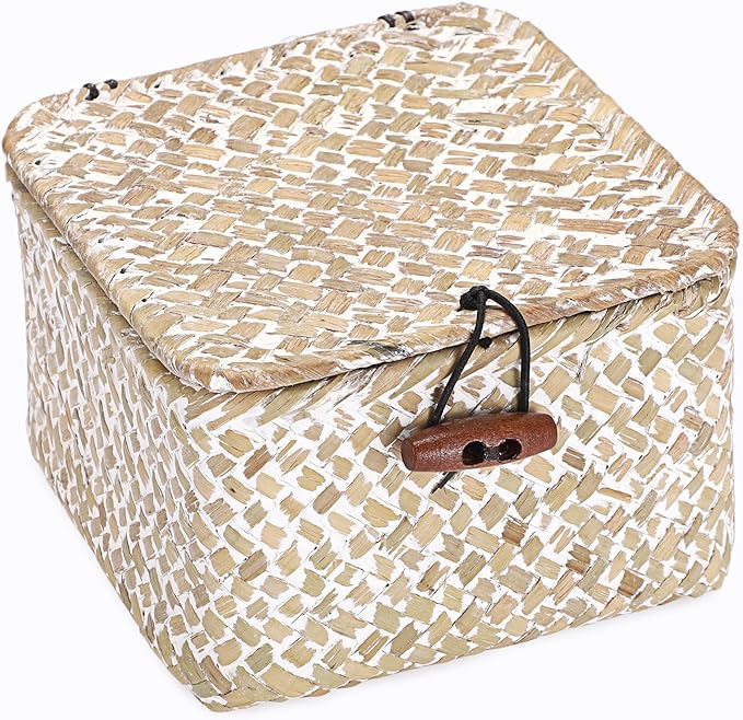 Hipiwe Handwoen Seagrass Basket with Lid Key Holder Box for Entry Decorative Mini Shelf Basket, Whitewash 3.5" x 3.5" x 2"
