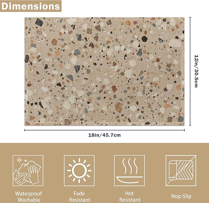 Terrazzo Granito Pattern Linen Placemats Set of 6, Decorative Table Mats 12x18 Inch, Washable Heat Resistant Placemats for Dining Table Kitchen Home Decor