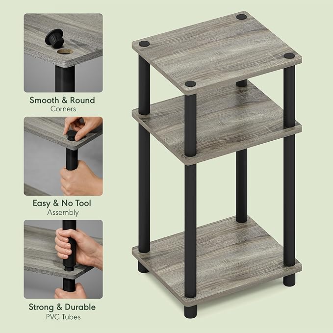 Furinno JUST Side Table, 3-Tier End Table, Open Shelves Night Stand, Bedside Table, Toolless Assembly, for Living Room, Bedroom, Bathroom, French Oak