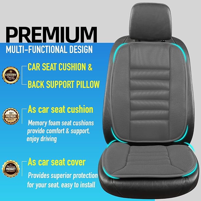 Lofty Aim Memory Foam Car Seat Cushion with Lumbar Support Pillow - 4D Mesh Ventilation for Back & Sciatica Pain Relief, Auto Pad Suitable for Car, Truck, SUV, Dark Grey