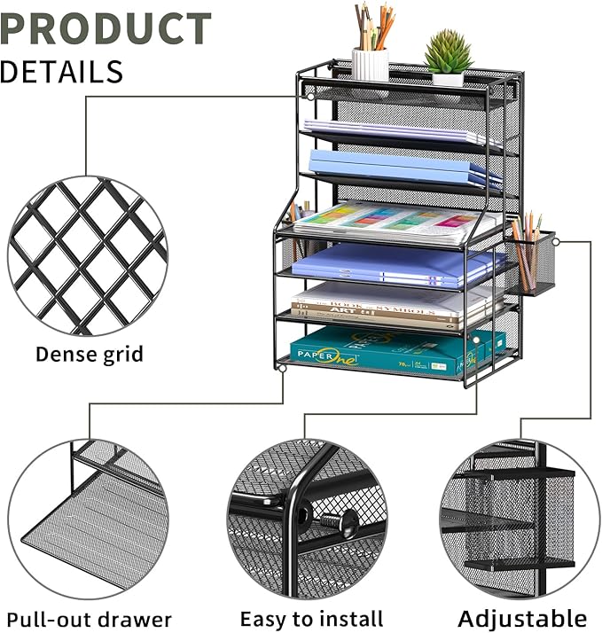 Black 7 Tier Desk File Organizer, Metal Letter Tray Paper Organizer with Pen Holder and Metal Hanging Basket, Vertical Desktop File Holder for Home Office Organization