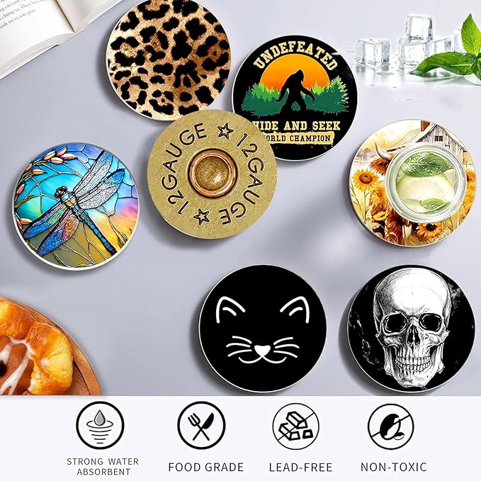 2Pack Cool Bullet Ceramic Coasters Absorbent Coasters for Drinks with Cork Base,12 Gauge Coaster for Table Office Desk Coffee Wine Beer Bar Cup Mat 3.9 Inch,Bullet Flag Gifts for Women,Men,Dad