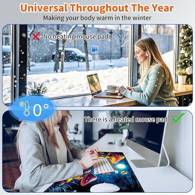 Heated Mouse Pad,Warm Desk Pad with 3 Levels Heating & 3 Hours Auto Shut-Off, PU Leather Heated Desk Pad Warmer Pad for Home Office - 23.6 x 14.2 inch,Beautiful Mushrooms