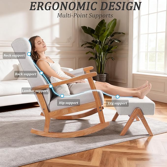 NOBLEMOOD Rocking Chair Indoor with Ottoman, Upholstered Rocking Chair with Lumbar Pillow, Side Pocket, High Back Solid Wood Frame Rocker with Footrest for Living Room