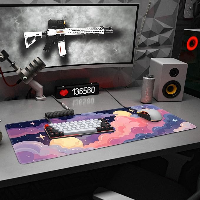 Cute Mouse Pad Kawaii Large Desk Mat Extended Keyboard Mouse Pad Pink Purple Cloud Mousepad with Non-Slip Base and Stitched Edge Gaming Mouse Mat Desk Pad 31.5 x 11.8 Mouse Pads for Desk Home Office