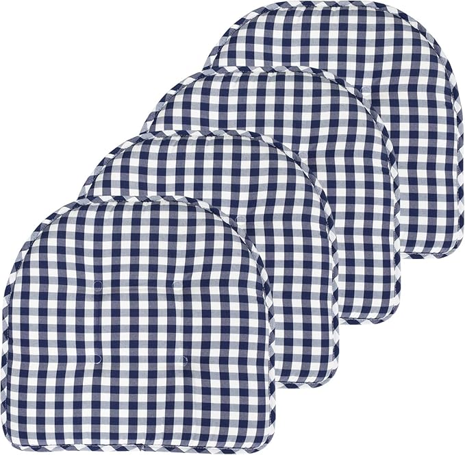 Sweet Home Collection Chair Cushion Memory Foam Pads Tufted Slip Non Skid Rubber Back U-Shaped 17" x 16" Seat Cover, 4 Count (Pack of 1), Checkered Navy/White
