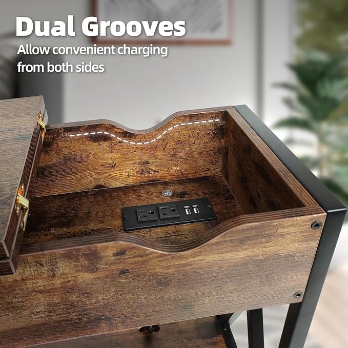 TooCust End Tables Living Room with Charging Station, 12" D x 24" W x 24" H, Flip Top Side Table with USB Ports and Outlets, Couch End Tables, Narrow End Table with 5.5" Deep Drawer
