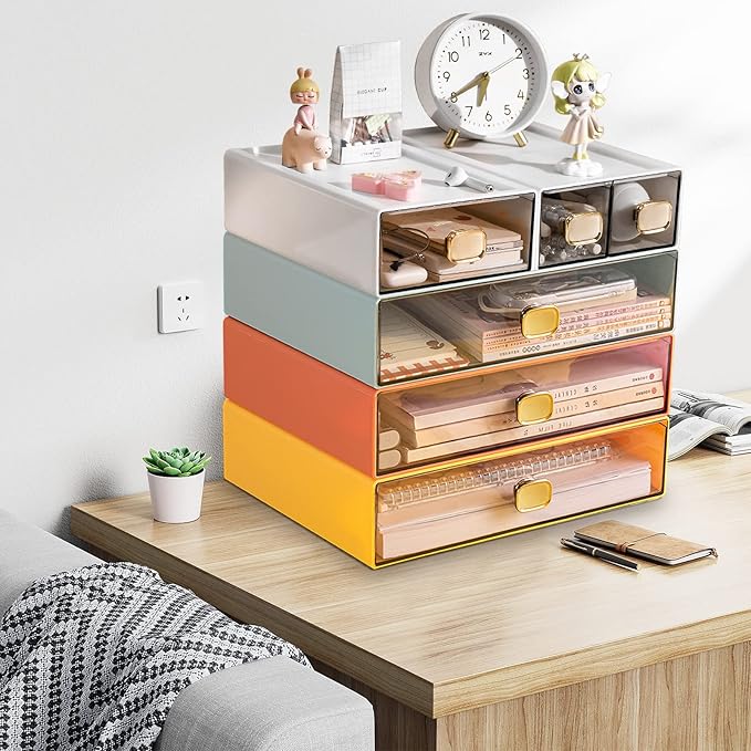 Stackable Desk Organizer with Drawer - 13" Wide Storage Drawer - Plastic Clear Desktop Organizer for Office, Classroom, Make Up (White, L-1 Drawer, 1 PACK)