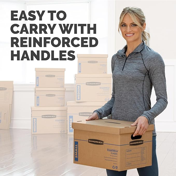 Bankers Box Small Classic Moving Box 10 Pack, Reinforced Handles, Tape-Free Assembly, Box with Lid, 15" x 12" x 10", Cardboard