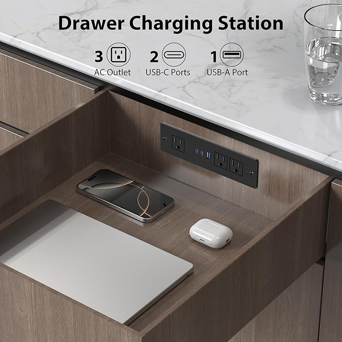 Drawer Outlet Kit with 65W USB C Fast Charging Station, HEZI Recessed Power Outlet with 3 USB Ports & 3 AC Outlets, Furniture Flush Mount Power Strip for Home Office 6ft Cord