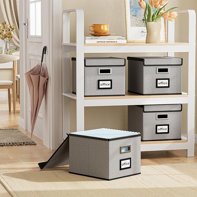 Collapsible File Storage Organizer Boxes with Lids, Portable Large Linen Hanging Filing Storage Boxes, Decorative Home/Office Filling System for File and Folder Storage (Grey)-2 Pack