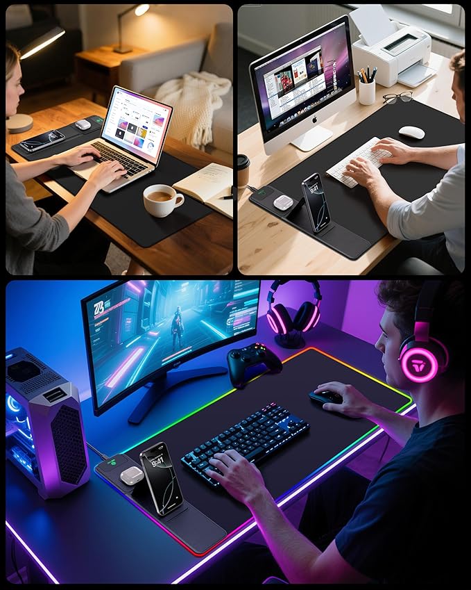 4-in-1 RGB Gaming Mouse Pad with Wireless Charging & Phone Stand, 31.5"x15.8" Large, 24 Light Effects, Non-Slip Base, Waterproof Ultra-Smooth Surface, with Adatper, No Adatper