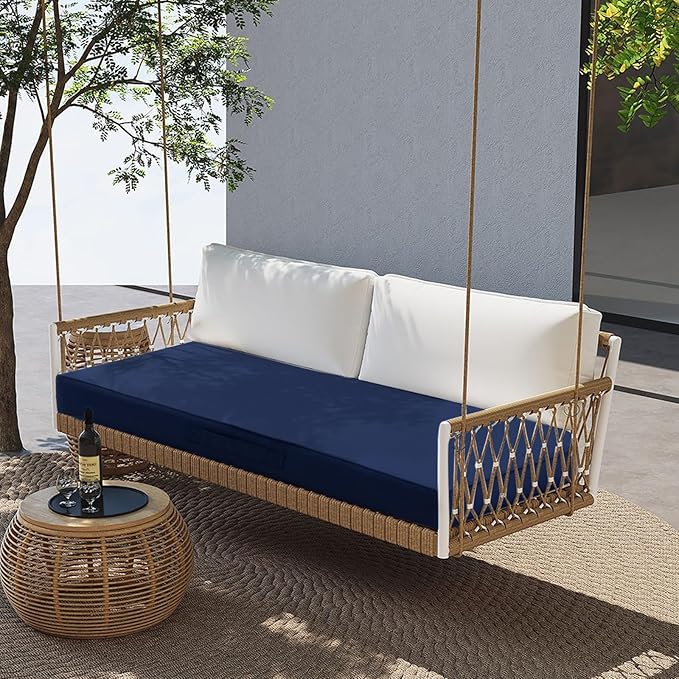 Outdoor Bench Cushion Waterproof with Memory Foam,Patio Bench Cushions for Outdoor/Indoor Furniture Porch Swing Cushion with Handle and Adjustable Strap,Navy Bule,60x18 Inch