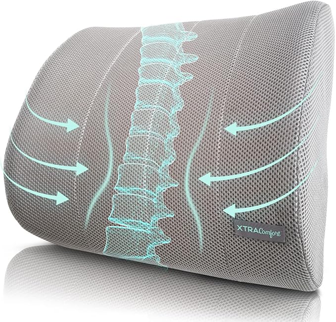 Xtra-Comfort Lower Back Support Pillow - Lumbar Cushion for Office Chair, Car, Gaming, Men, Women - Ergonomic Orthopedic Backrest Foam Roll & Adjustable Strap for Therapeutic Pain Relief