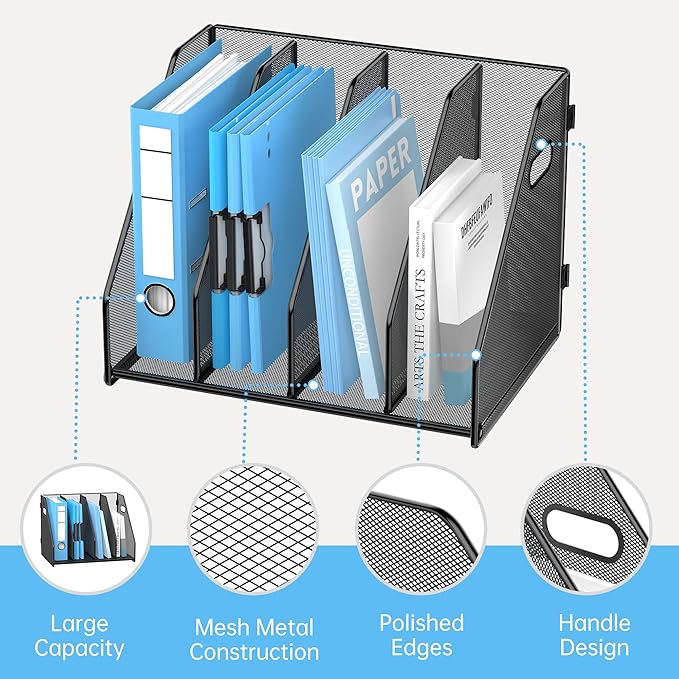 SUPEASY Binder Organizer, Magazine File Holder with 4 Vertical Compartments Rack, Metal Desk File Organizer & Binder Holders, Magazine Organizers for Office Desktop, Home, School (Black)