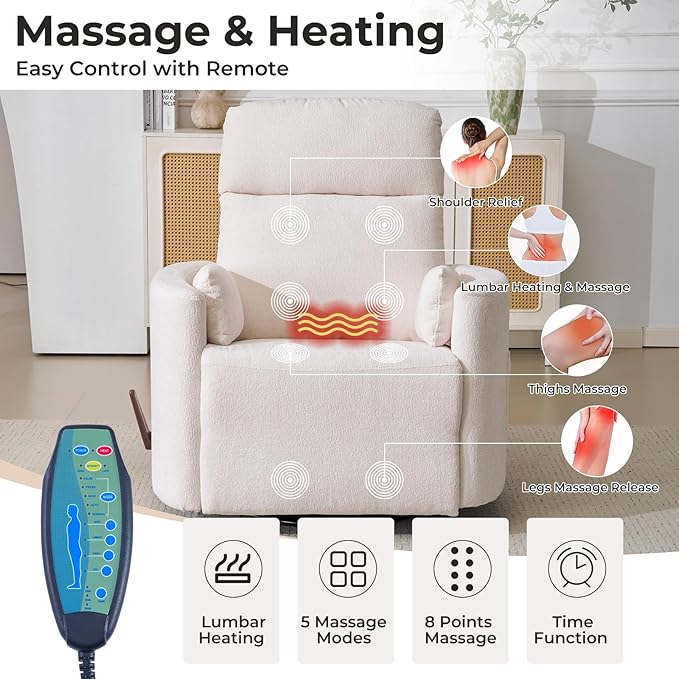 Oversized Swivel Recliner Chair with Massage and Heat, Rocking Chair Nursery with Adjustable Headrest, Rocking Chair Nursery Glider Chairs with 2 Pillows, Glider Rocker Recliner, White