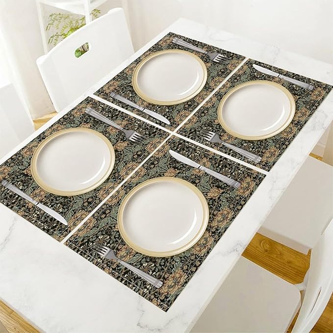 William Morris Floral Placemats Vintage Flower Art Style Boho Chic Retro Floral Linen Washable Table Mats Stain Heat-Resistant Desktop Decor Place Mats for Home Kitchen Dining Party 12x18 in 6 Pcs