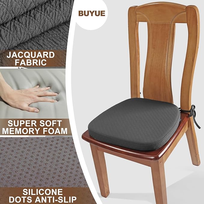 BUYUE Luxury 100% Pure Memory Foam Chair Cushions 4 Pack, Jacquard 16" U-Shape Comfortable Dining Chair Pads, Removable Slip Resistant Kitchen Chair Seat Cushions, (Set of 4, Grey)