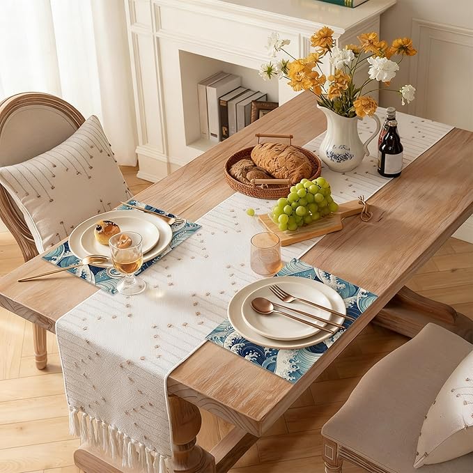 Japanese Waves Placemats Set of 6 Linen Table Mats, 12x18 Inch Washable Placemats for Dining Table, Non Slip Heat Resistant Mats for Kitchen Home Decor