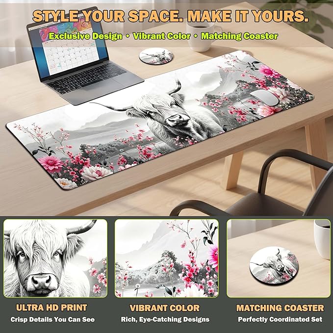 Extended Large Mouse Pad 31.5 x 11.8 Inches – AiLiTeck Premium Desk Mat Mousepad with Stitched Edges, Waterproof, Non-Slip Rubber Base for Office Home, Includes Coaster–Highland Cow Floral