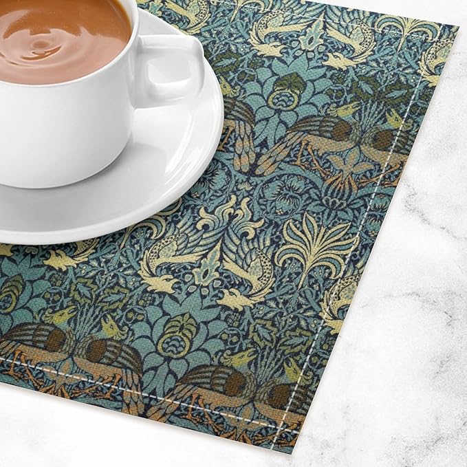William Morris Bird Placemats Retro Bird Elegant Animal Pattern Linen Washable Table Mats Stain Heat-Resistant Desktop Decor Place Mats for Home Kitchen Dining Party 12x18 in 6 PCS
