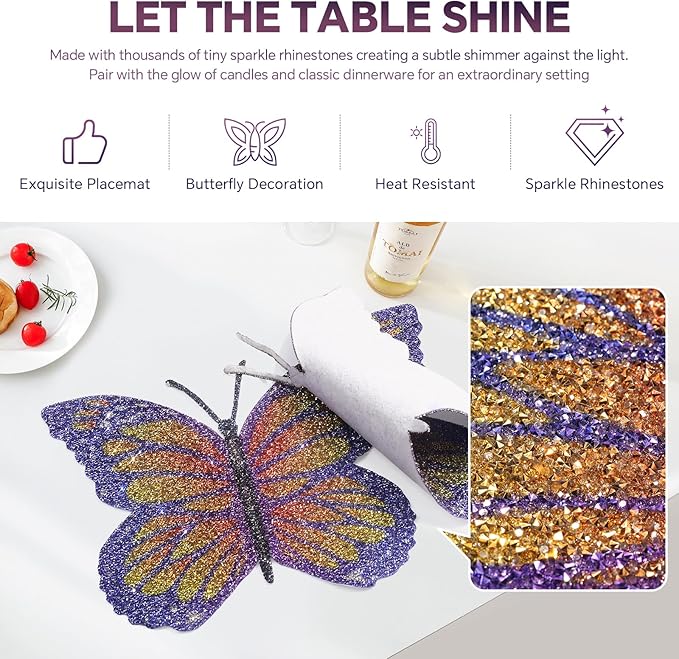 Butterfly Placemats Set of 4, Colorful Rhinestones Bling Butterfly Home Kitchen Table Decoration Place Mat,Gifts for Friends Women Mom (Purple,4PCS)