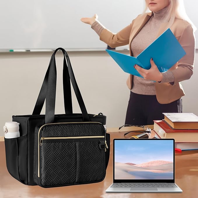 Teacher Tote Bag with Accordion File Organizer Pocket, Large Teacher Work Utility Bag for Women, Black(Patent Design)
