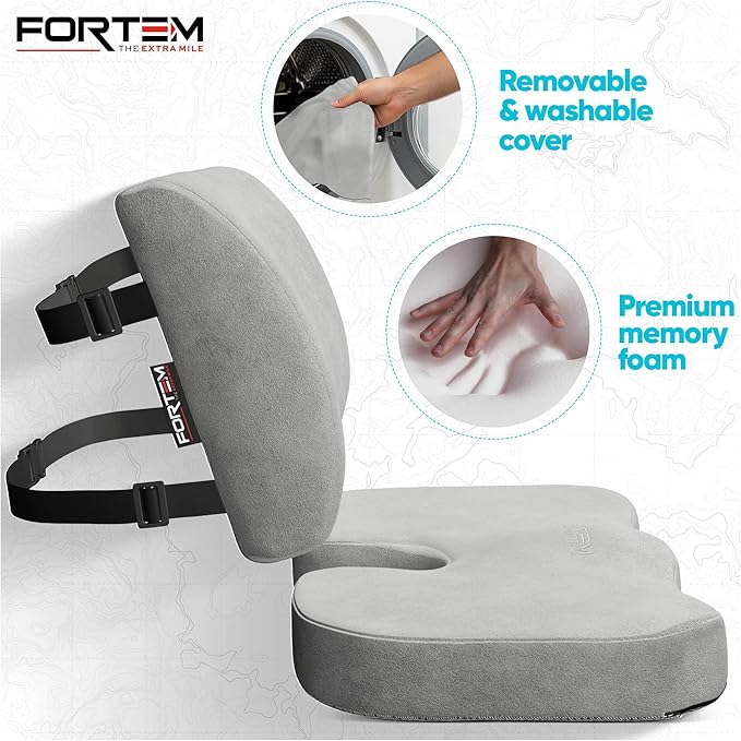 FORTEM Seat Cushion, Office Chair Cushion, Lumbar Support Pillow for Office Chair, Memory Foam Car Seat Cushions, Sciatica Coccyx Tailbone Pain Relief, Cushions for Back Support, Washable, Non Slip XL