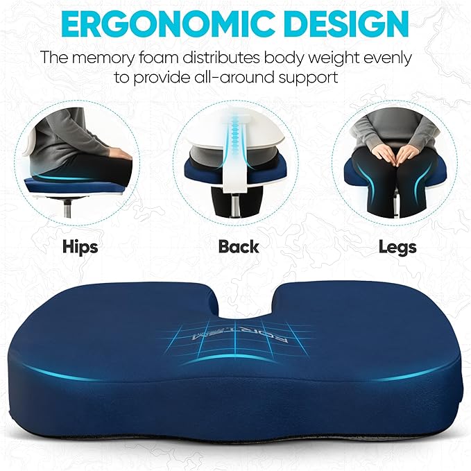 FORTEM Seat Cushion, Office Chair Cushion, Memory Foam Car Seat Cushions, Sciatica Coccyx Tailbone Pain Relief, Chair Cushions for Back Support, Sitting Pad for Gaming, Washable Cover, Non Slip, XL