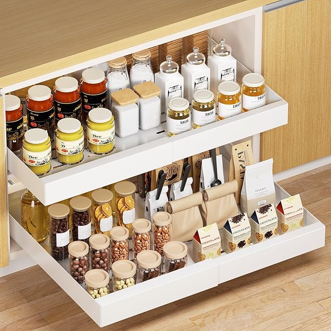 Delamu 21" Deep Pull Out Cabinet Organizer, Expandable (12.3 "-20.8" W) Pull Out Drawers for Cabinets, Expandable Slide Out Drawers for Kitchen, Cabinets, Bathroom, Pantry Storage, White, 1 Pack