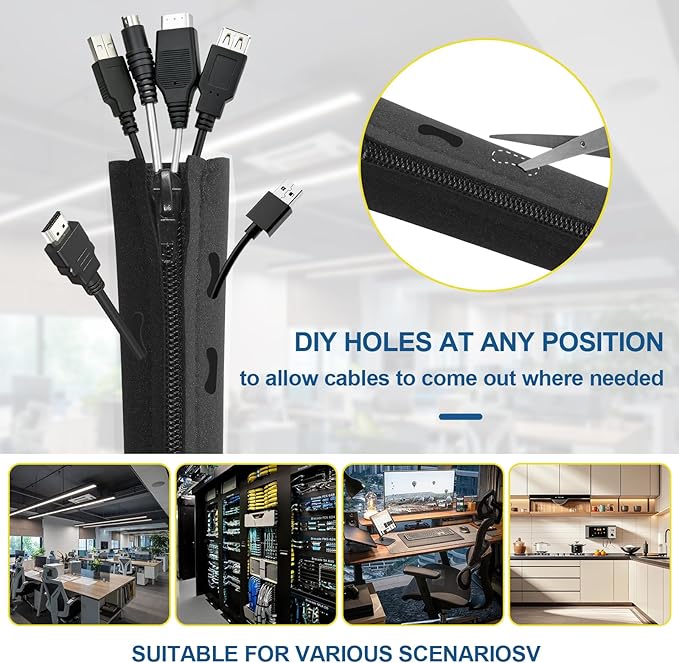 4 Pack Cable Sleeves, 20 inch Neoprene Cable Management Sleeves with Recessed Zipper, tv Cord Sleeve and Cable Sleeves Cord Management for TV Computer Office Home to Hide and Cover Wire