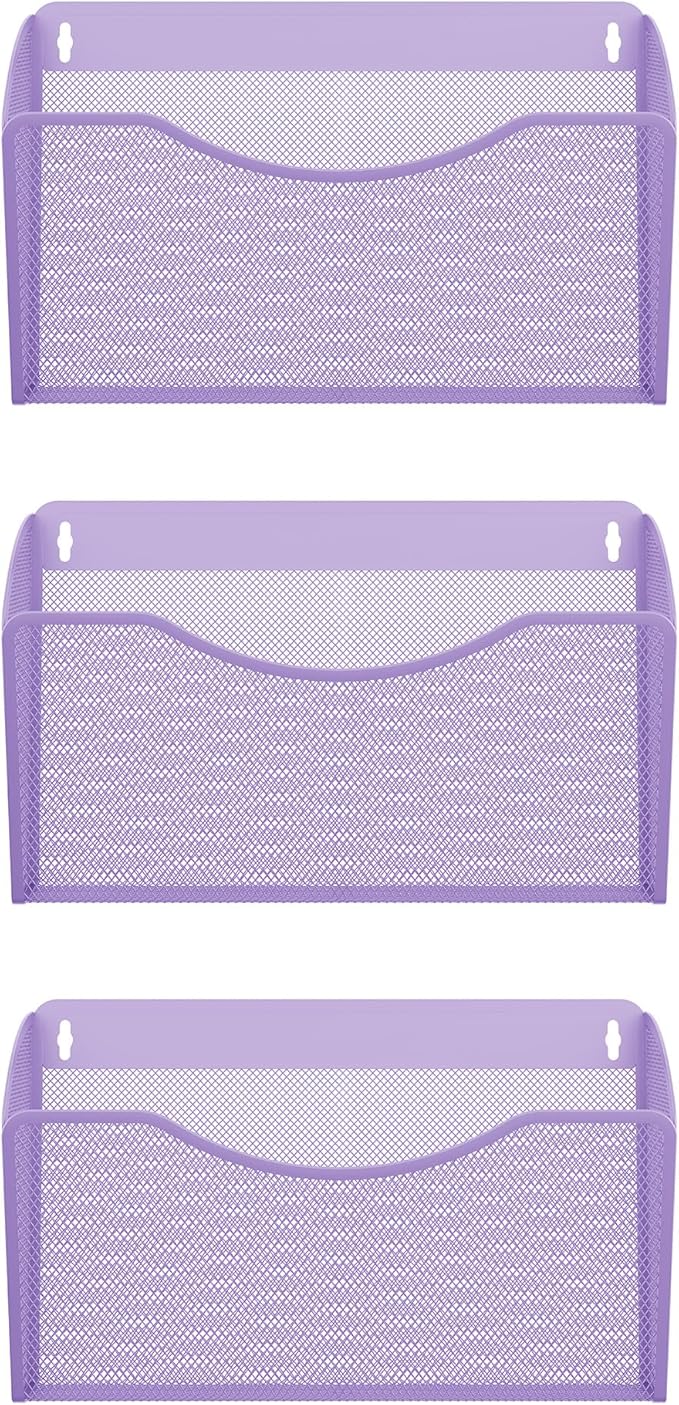 EasyPAG 3 Pack Wall File Organizer, Metal Mesh Hanging File Folder Holder for Letter/A4 Size Folders, Vertical Wall Mount Mail Sorter for Office Paperwork, Classroom, Purple
