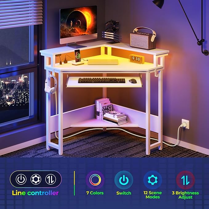 Rolanstar Corner Desk, 44.5" W x 34.5" H Small Computer Desk with Power Outlets, Gaming Desks with LED Lights, Triangle Corner Table with Keyboard Tray & Monitor Stand for Small Space, White