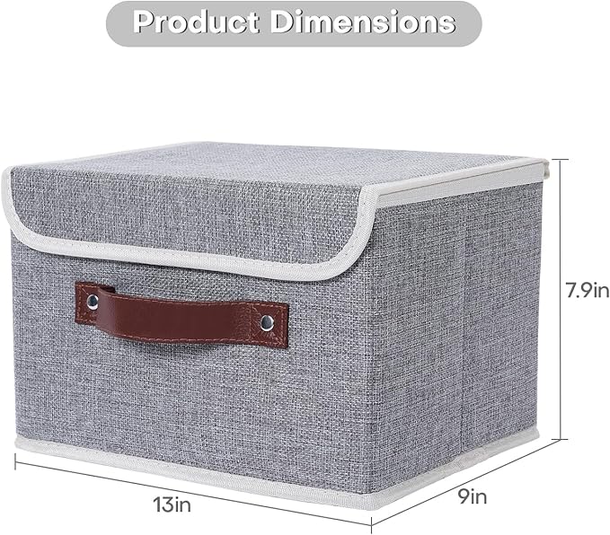 ANMINY 2PCS Storage Bin with Lid Storage Boxes with PU Leather Handles PP Plastic Board Decorative Foldable Lidded Cotton Linen Fabric Home Cubes Baskets Closet Organizer Container - Gray, Medium
