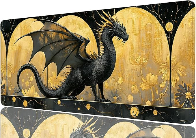 Dragon Desk Mat Black Gold Flower Petal Mousepad XL Large Gaming Mouse Pad Laptop Keyboard Mat Desk Pad for Office Desktops, Home Workstations, and Laptops 31.5x11.8 Inch