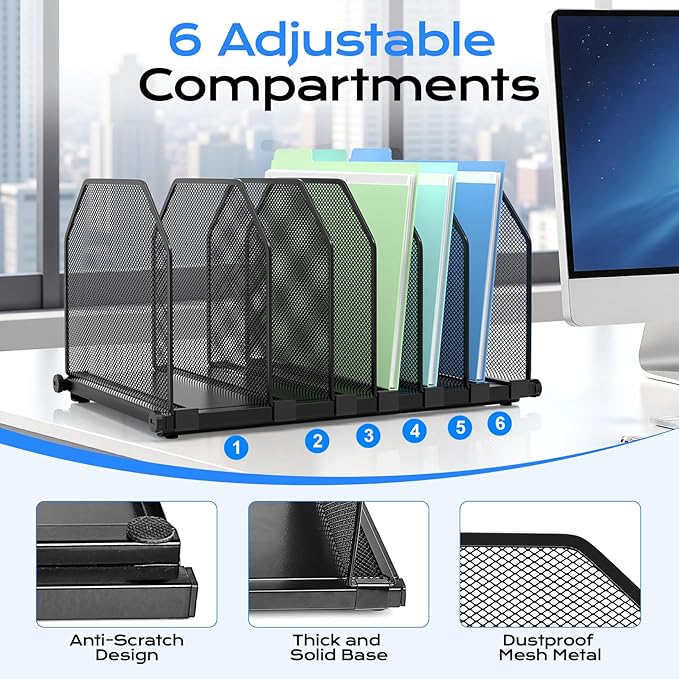 Adjustable File Organizer for Desk, 6 Sections Vertical File Folder Holders Desktop Binder Organizer, Mesh Desk Organizer File Sorter for Home Office Classroom