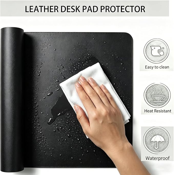 Non-Slip Waterproof PU Leather Desk Pad Protector for Mouse, Writing Desk, Office, Home, Laptop Blotter, 16.94'' x 22.85'', Black