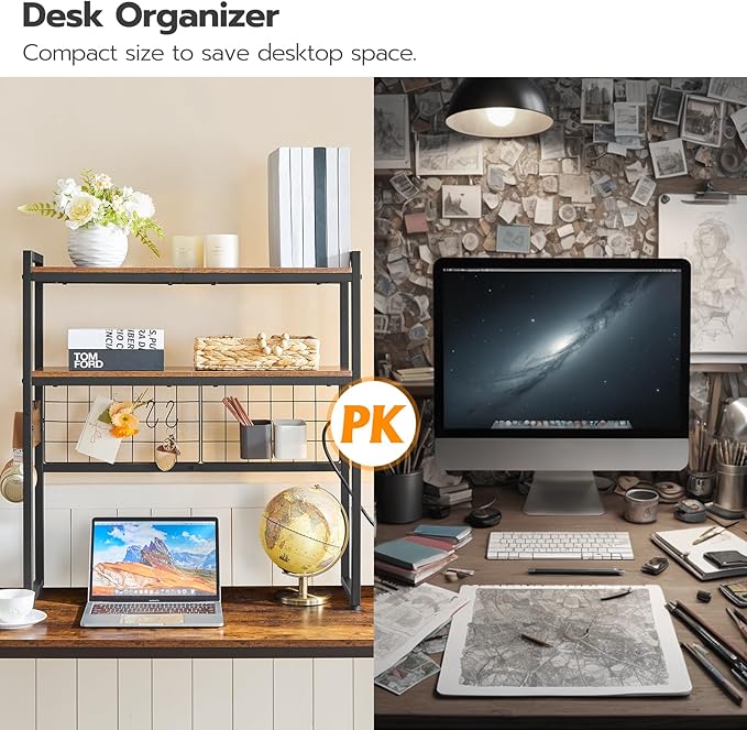 HOOBRO Desktop Bookcase and Gaming Desk Bundle, 2-Tier Desktop Organizer with Outlets, 46 Inch Reversible Computer Desk with LED Light & Power Outlet, for Office, Rustic Brown BF11UDSJ01-BF18UDDN01