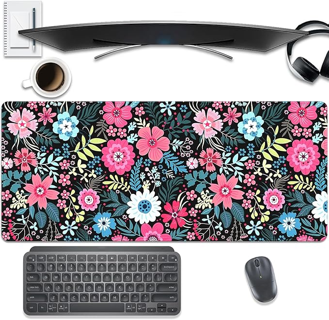Boho Floral Large Mouse Pad Desk Pad, 27.5x11.8in Pink and Blue Flower Extended Keyboard Mousepad with Stitched Edges, Non-Slip Waterproof Rubber Base for Office, Computer & Laptop
