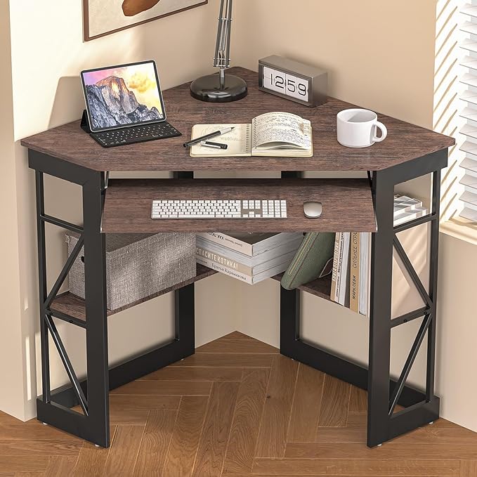 VECELO Corner Desk Computer Desk Writing Table with Smooth Keyboard Tray & Storage Shelves,Compact Home Office Triangle Table,Rustic Brown