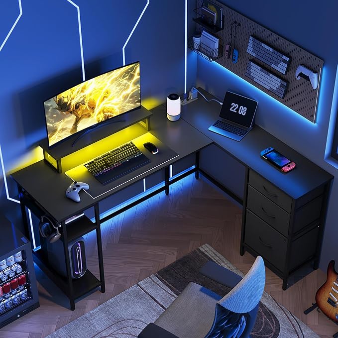 DEVAISE 55 Inch L Shaped Gaming Desk with Drawers and Storage, Corner Desk with LED Lights, Power Outlets, Computer Desk with Monitor Stand, Office Desk for Home, Black